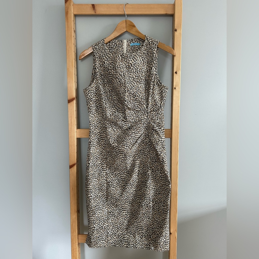 NWOT J. McLaughlin Brown Tan Leopard Print Ruched Sleeveless Midi Dress Size 0